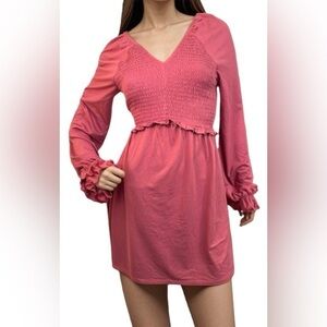 LOVE, FIRE Long-Sleeved Smocked Mini Dress